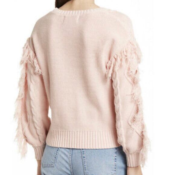 KIKIT NWT Pink Cable Knit Fringe Sleeve Trim Crew Neck Sweater Size L Rib Trim - Picture 2 of 10